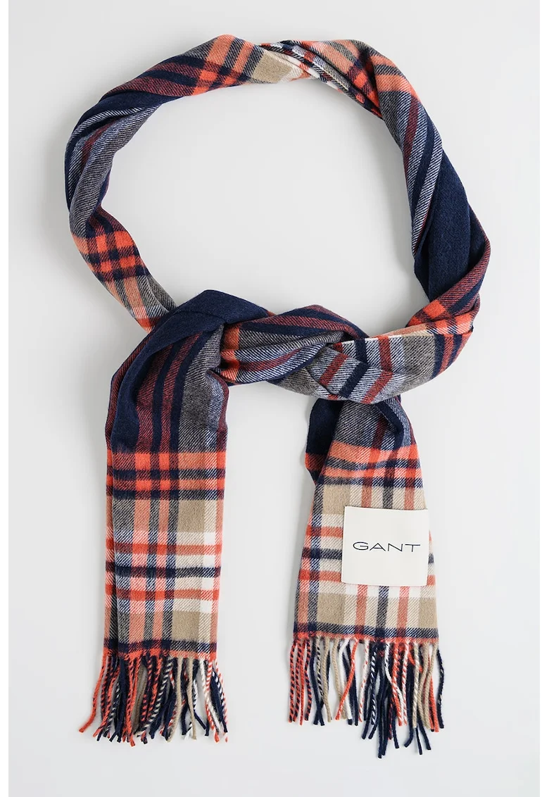 Fular franjurat de lana merinos cu model tartan, Negru/Caramiziu/Bej deschis