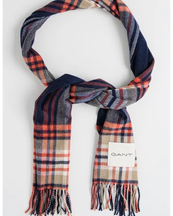 Fular franjurat de lana merinos cu model tartan, Negru/Caramiziu/Bej deschis