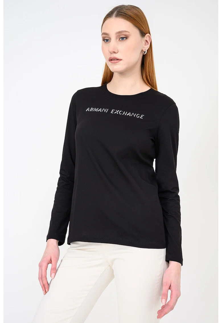 Bluza slim fit cu imprimeu logo, Negru/Argintiu