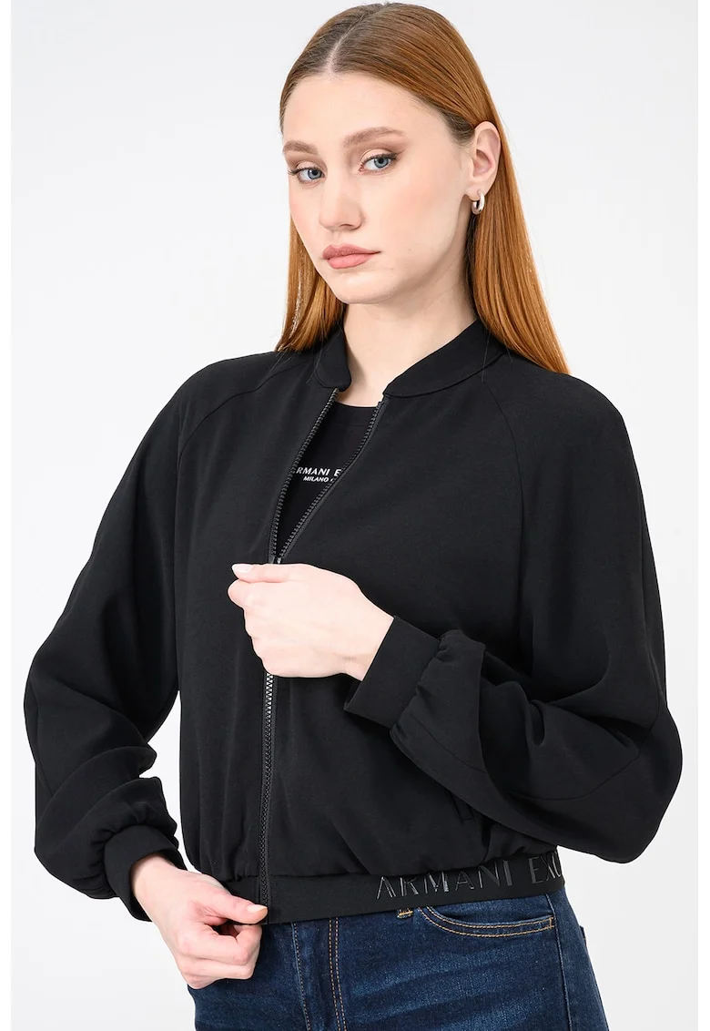 Bluza de trening cu fermoar si terminatie elastica cu logo, Negru
