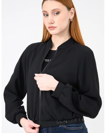 Bluza de trening cu fermoar si terminatie elastica cu logo, Negru