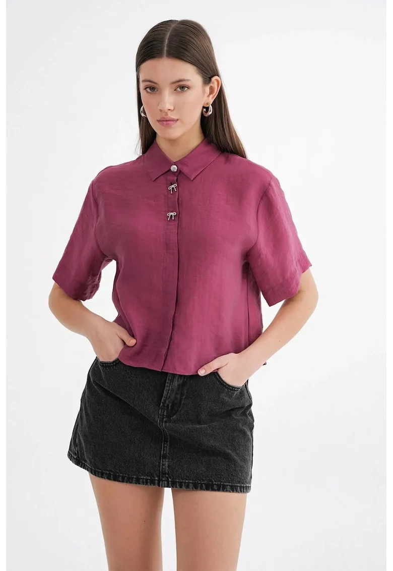 Camasa crop,  cu accesorii din pietre, roz, textil, Bleumarin