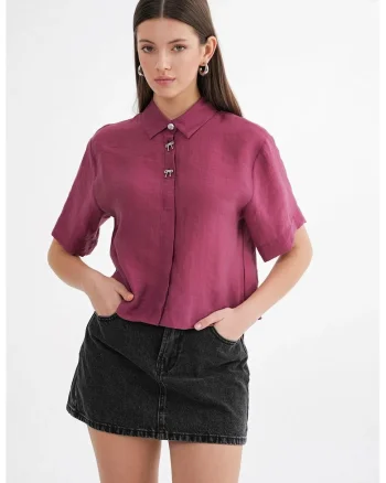 Camasa crop,  cu accesorii din pietre, roz, textil, Bleumarin