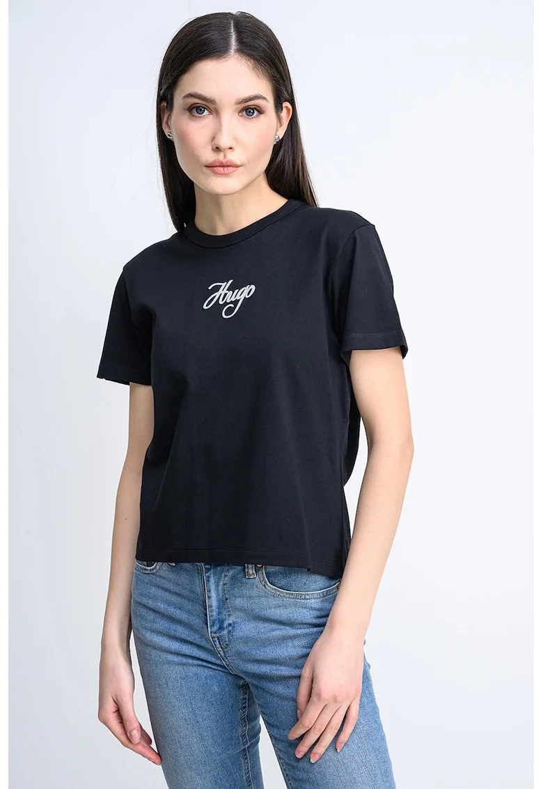 Tricou din bumbac cu logo pe piept Destrel, Negru/Argintiu