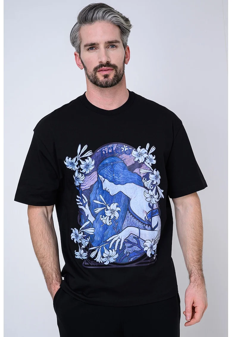 Tricou cu decolteu la baza gatului si imprimeu grafic, Negru/Lila