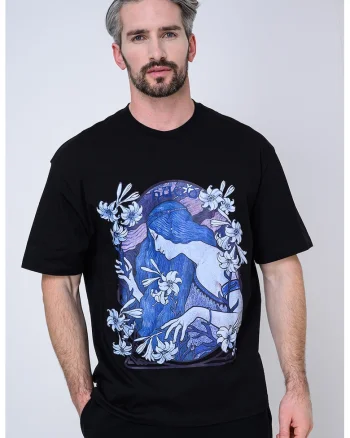 Tricou cu decolteu la baza gatului si imprimeu grafic, Negru/Lila