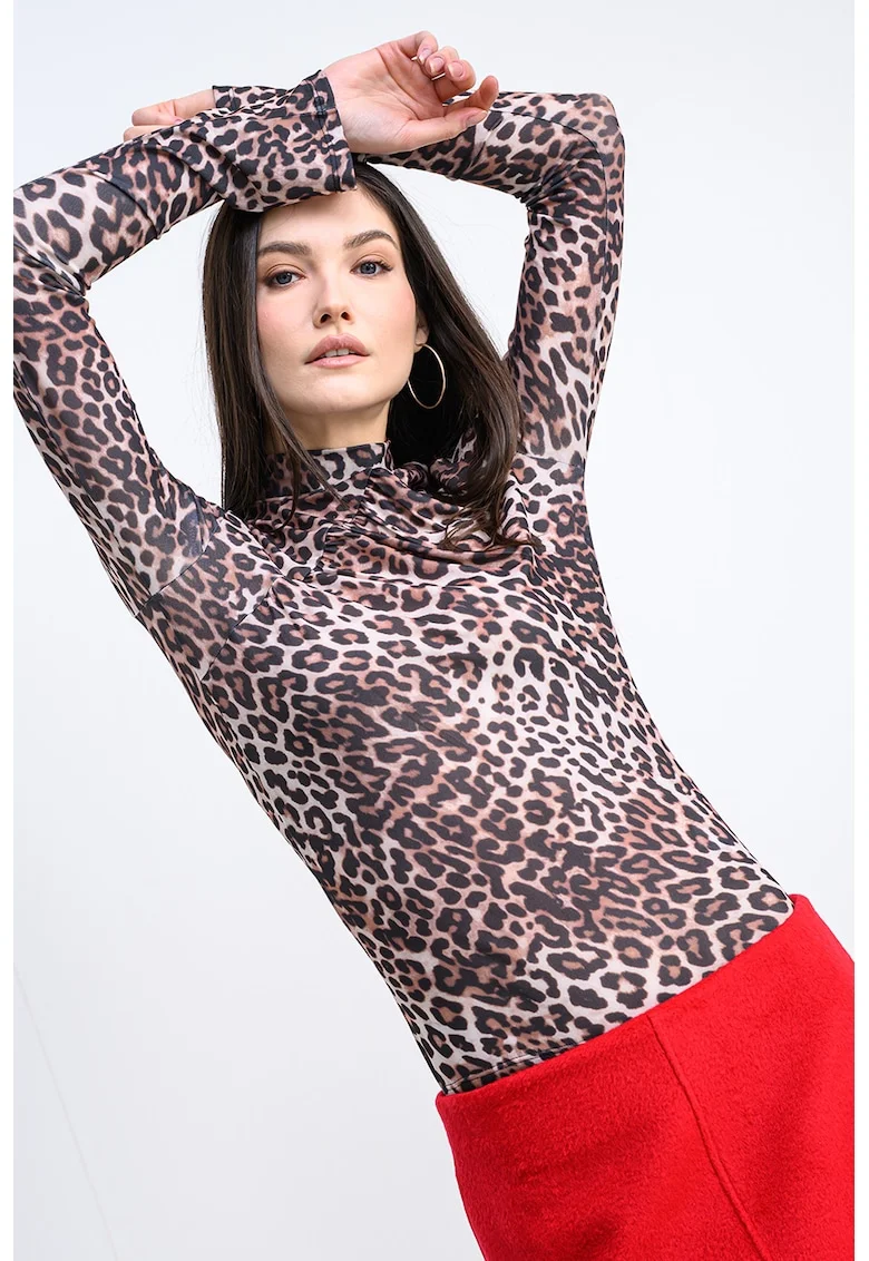 Bluza slim-fit cu animal print Dardonnay, Negru/Maro