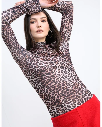 Bluza slim-fit cu animal print Dardonnay, Negru/Maro