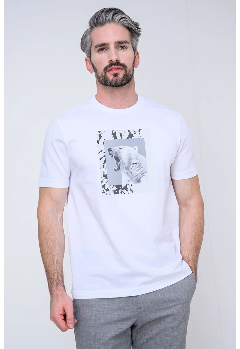 Tricou cu decolteu la baza gatului si imprimeu foto, Alb/Gri