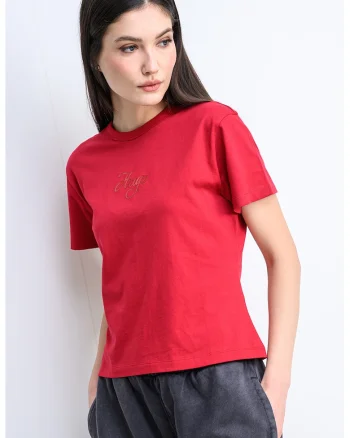 Tricou din bumbac cu logo pe piept Destrel, Rosu/Negru
