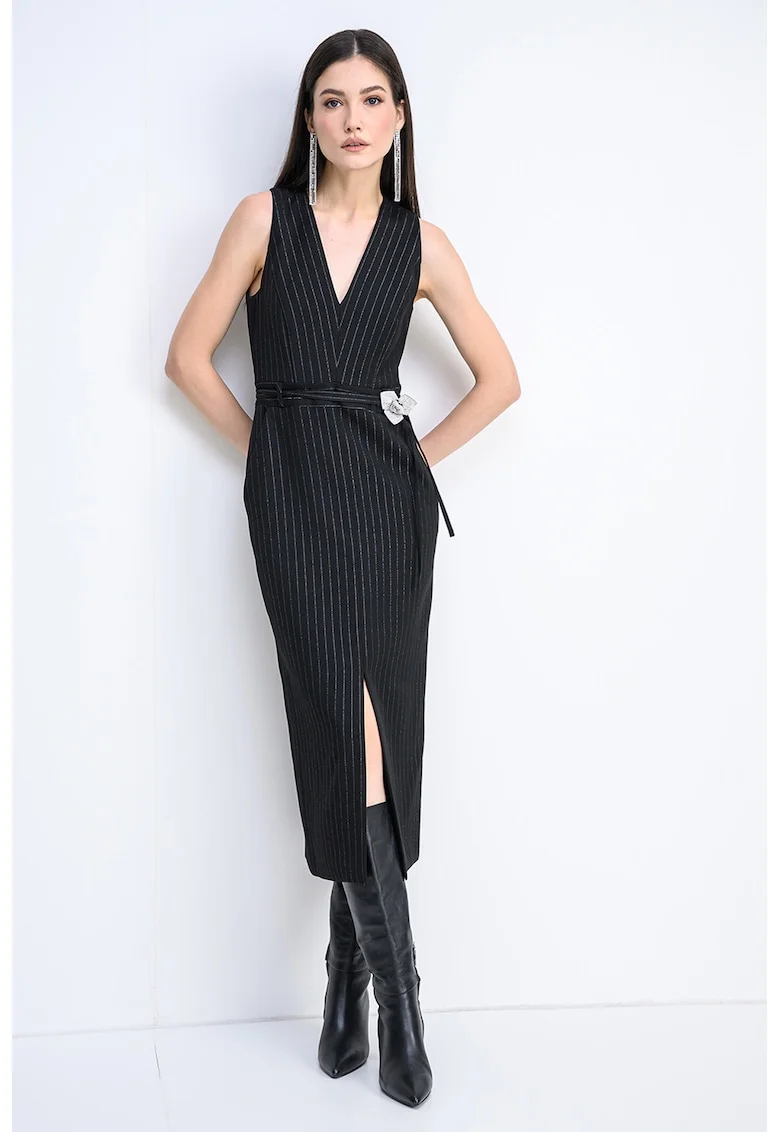 Rochie cu decolteu in V, buzunare laterale si dungi Katoni, Negru/Argintiu