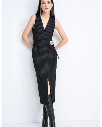 Rochie cu decolteu in V, buzunare laterale si dungi Katoni, Negru/Argintiu