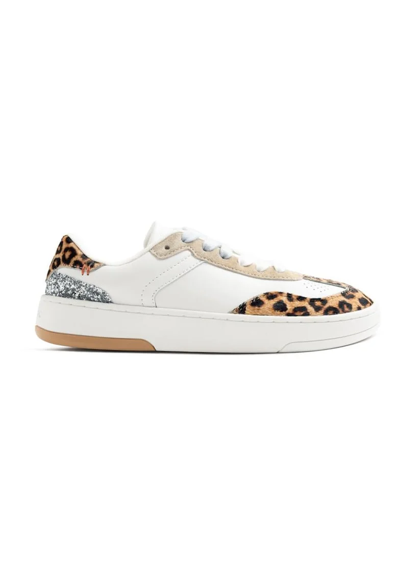 Pantofi sport din piele cu model animal print, Alb/Maro/Argintiu