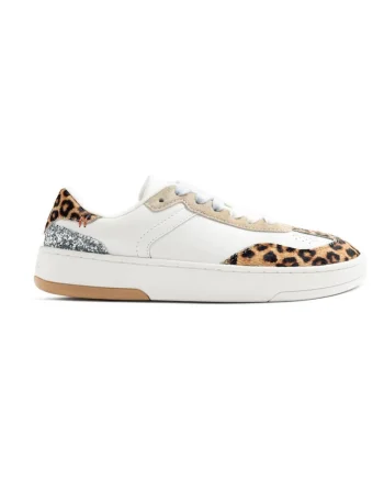 Pantofi sport din piele cu model animal print, Alb/Maro/Argintiu