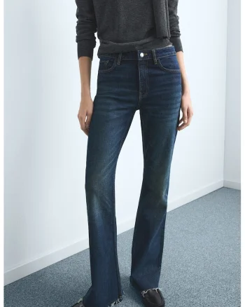 Blugi bootcut cu talie medie si terminatii franjurate, Albastru inchis