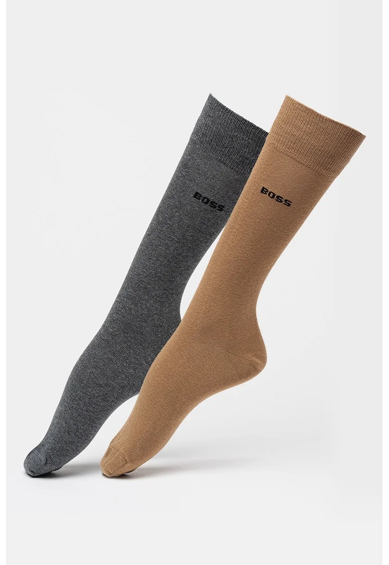 Sosete lungi cu logo - 2 perechi, Gri melange/Maro camel