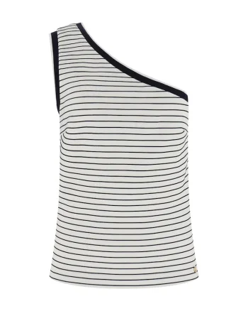 Top cu decolteu pe un umar si model in dungi, Alb/Negru