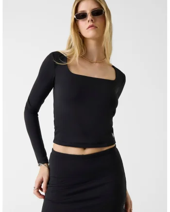 Bluza crop cu decolteu patrat, Negru