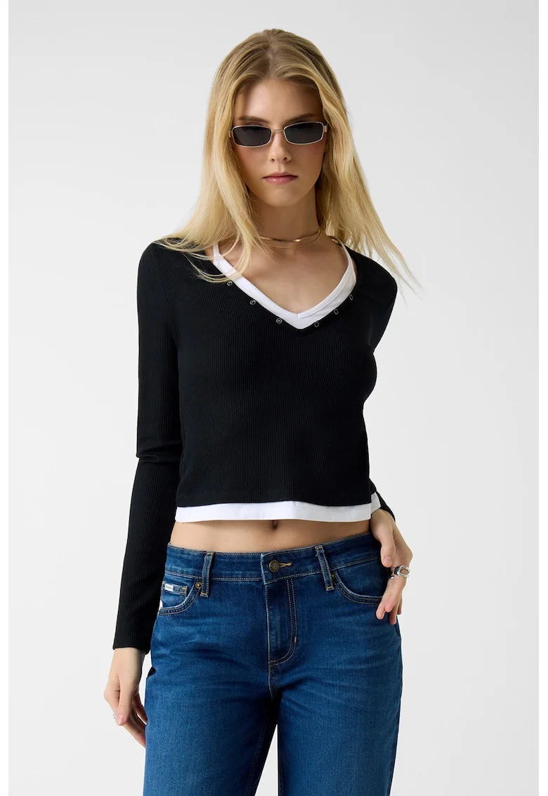 Bluza crop cu decolteu in V, Alb/Negru