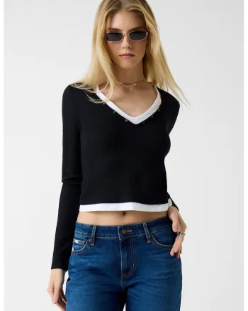 Bluza crop cu decolteu in V, Alb/Negru