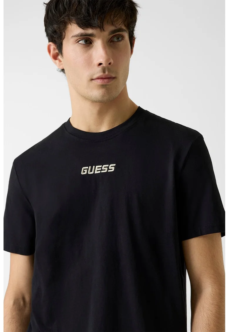 Tricou cu decolteu rotund si logo pentru fitness, Alb fildes/Negru