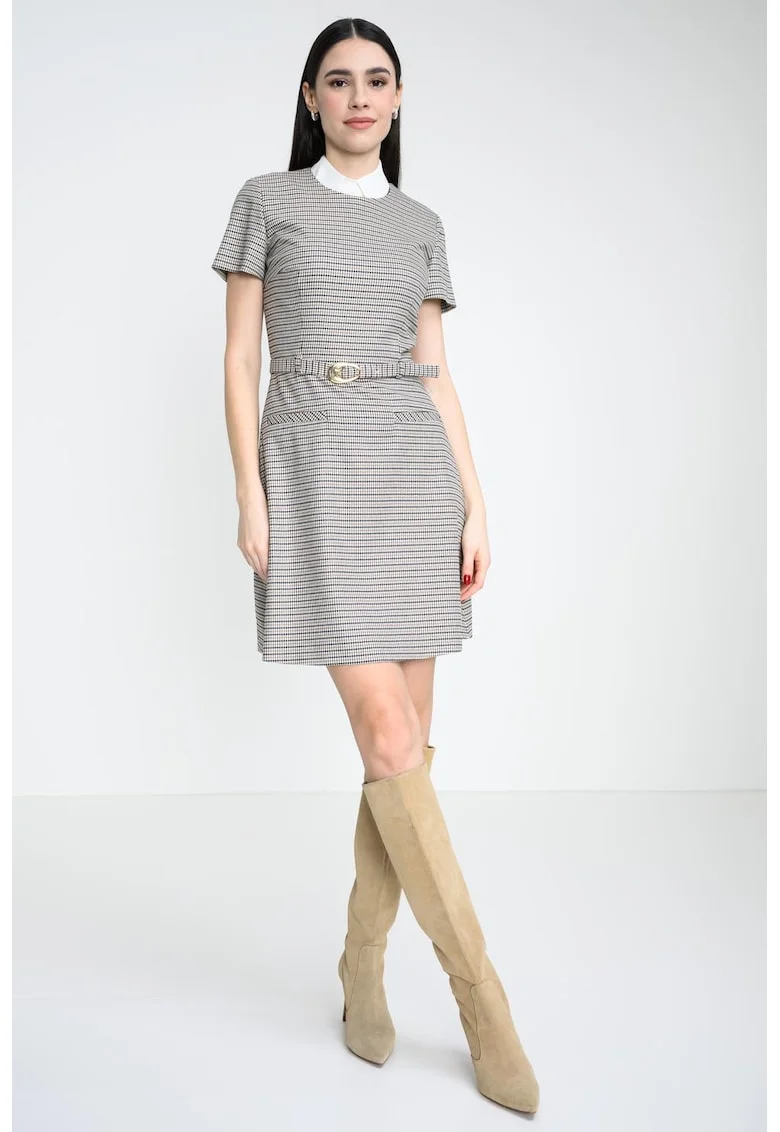 Rochie scurta cu model, Alb fildes/Negru/Maro deschis