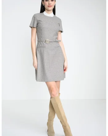 Rochie scurta cu model, Alb fildes/Negru/Maro deschis