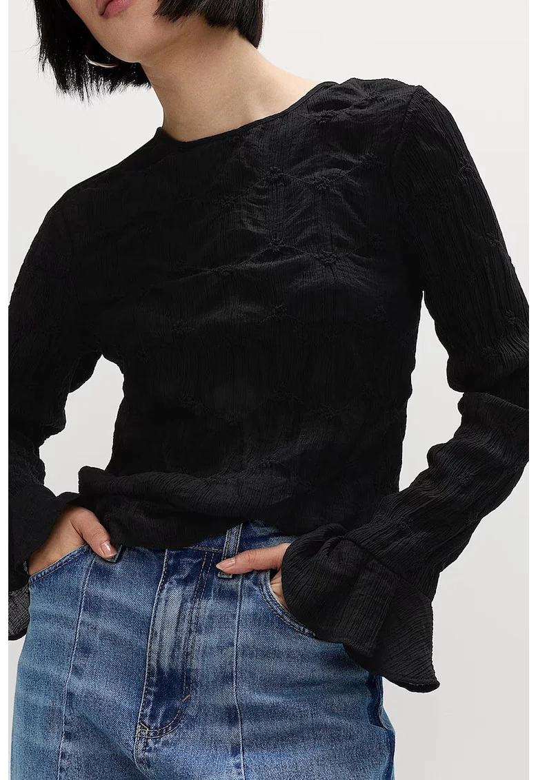 Bluza texturata cu decolteu rotund, Negru