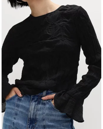 Bluza texturata cu decolteu rotund, Negru