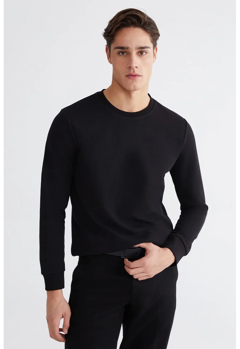 Bluza de trening cu model uni si decolteu la baza gatului, Negru