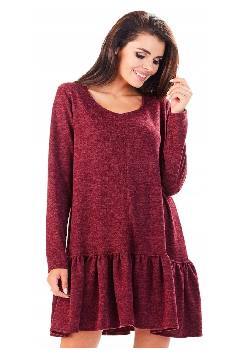 Rochie De Dama Cu Volan,  L056, Material 65% Poliester, 33% Viscoza, 2% Elastan, Scurta, Croi Asimetric, Decolteu Rotund, Maneci Lungi, De Inalta Calitate, Bordo, Visiniu