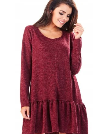 Rochie De Dama Cu Volan,  L056, Material 65% Poliester, 33% Viscoza, 2% Elastan, Scurta, Croi Asimetric, Decolteu Rotund, Maneci Lungi, De Inalta Calitate, Bordo, Visiniu
