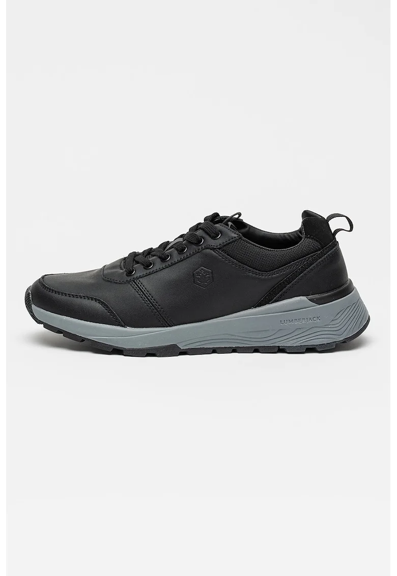 Pantofi sport de piele lacuita cu logo, Negru