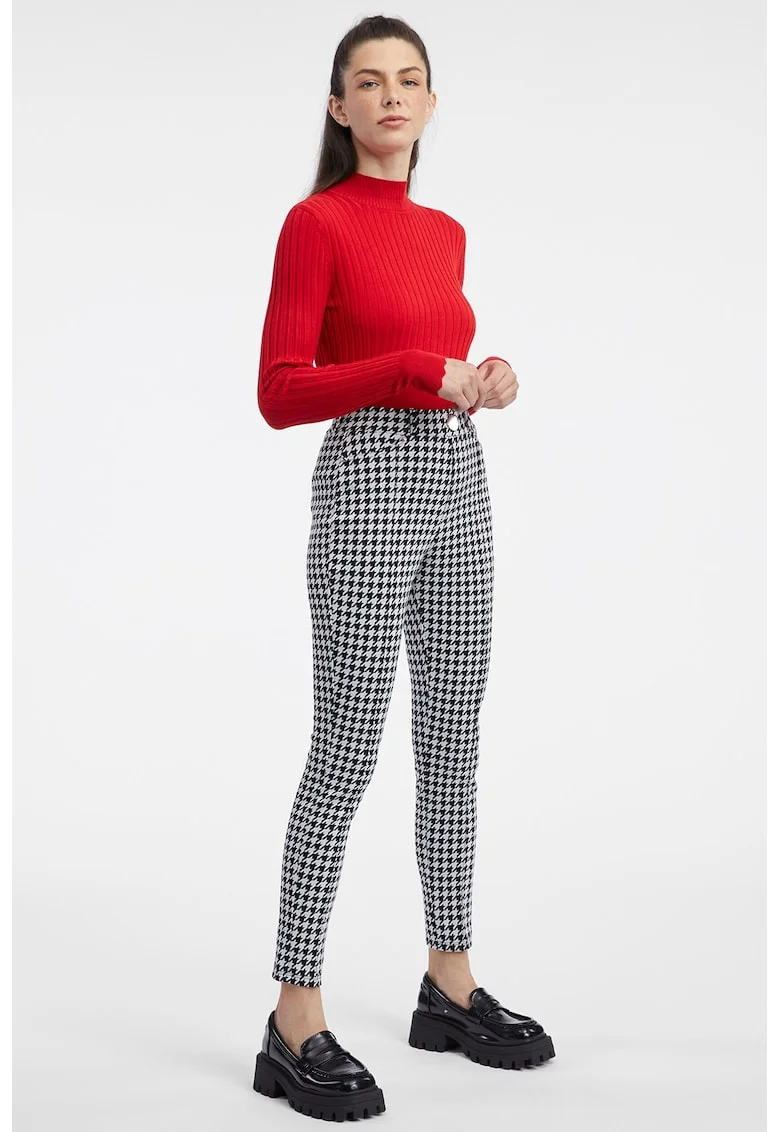 Pantaloni skinny cu model houndstooth, Alb/Negru