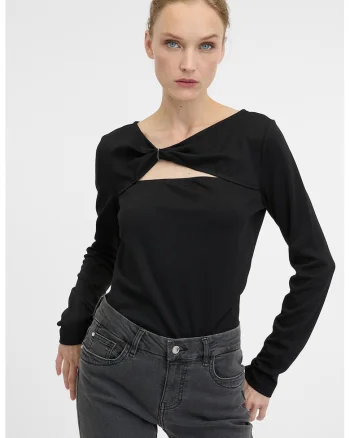 Bluza cu decolteu in V si decupaj pe piept, Negru