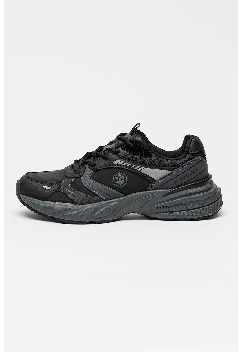 Pantofi sport de plasa si piele ecologica, Negru/Gri inchis