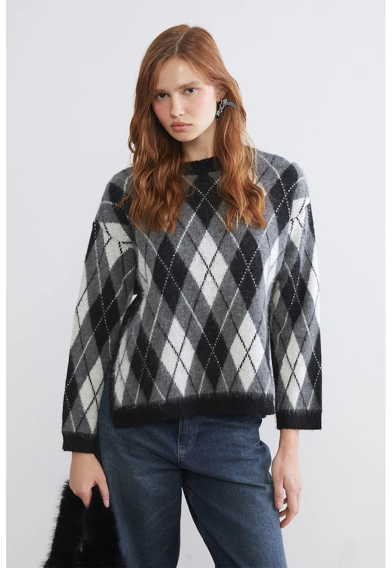 Pulover cu model argyle, Alb/Negru/Gri