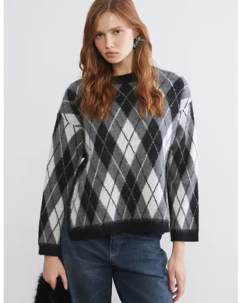Pulover cu model argyle, Alb/Negru/Gri