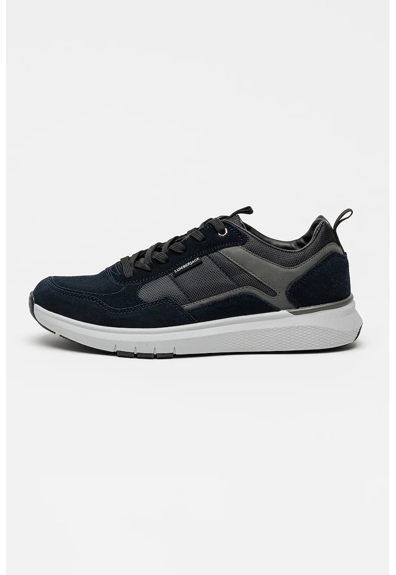 Pantofi sport cu insertii de piele intoarsa, Gri/Albastru ultramarin