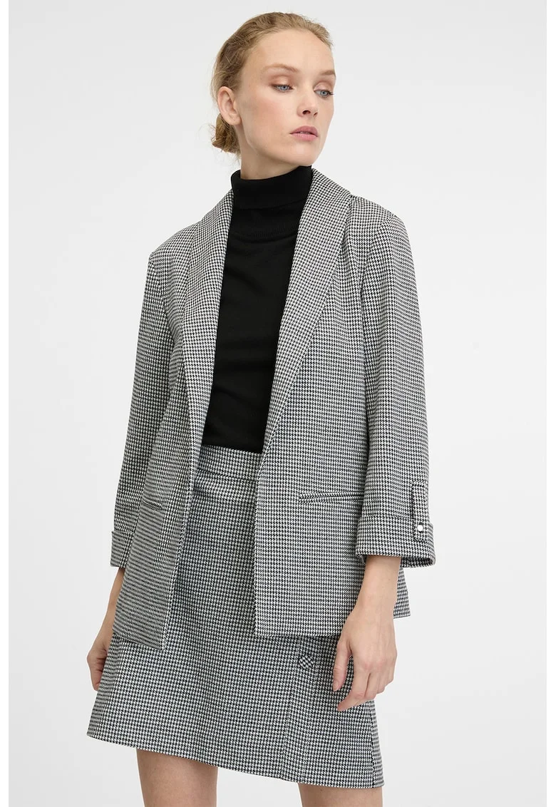 Sacou cu model houndstooth si maneci trei sferturi, Alb/Negru