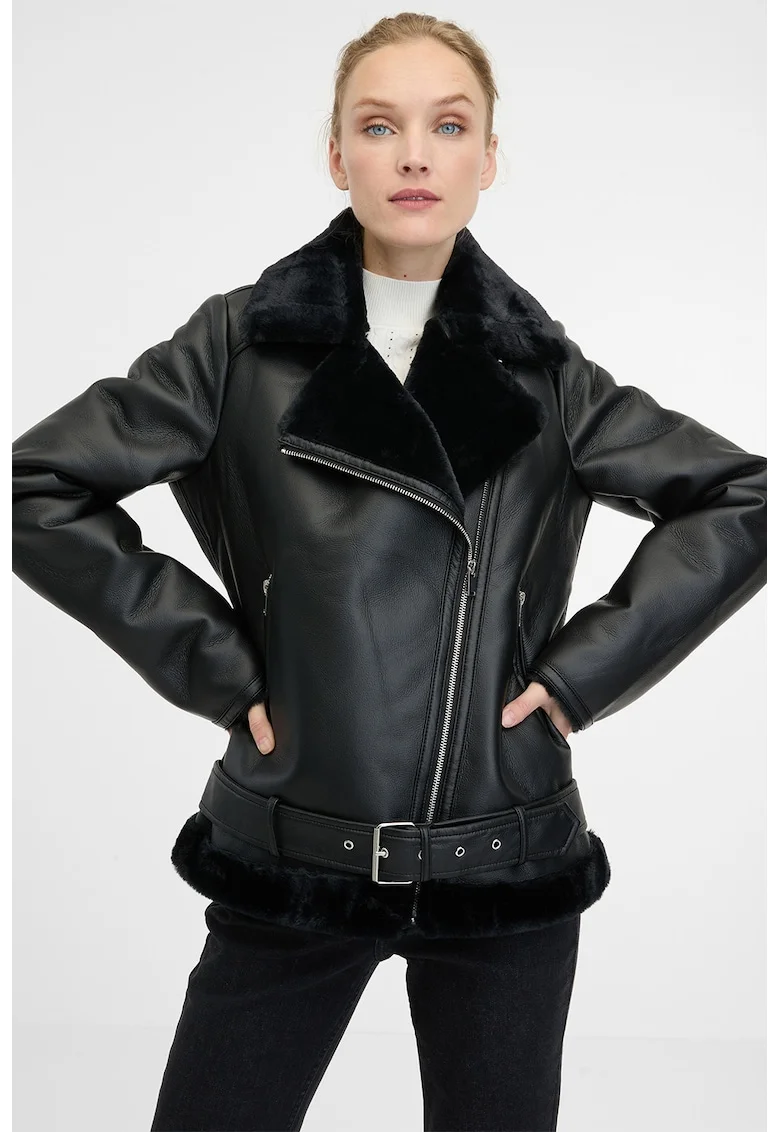 Jacheta din blana shearling sintetica cu fermoar asimetric, Negru