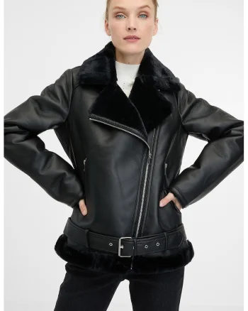 Jacheta din blana shearling sintetica cu fermoar asimetric, Negru