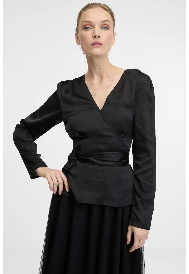 Bluza slim fit cu decolteu drapat, Negru
