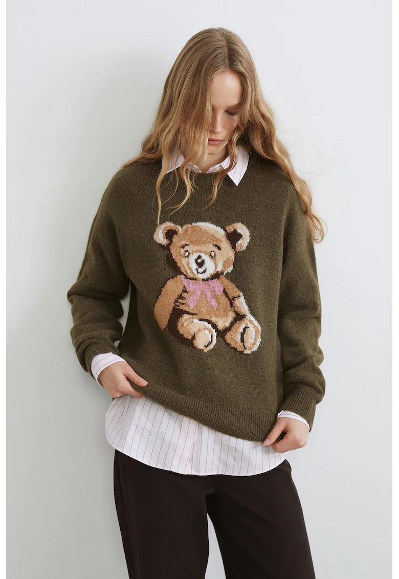 Pulover lejer cu imprimeu urs, Roz pastel/Maro deschis/Kaki inchis