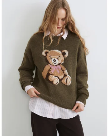 Pulover lejer cu imprimeu urs, Roz pastel/Maro deschis/Kaki inchis