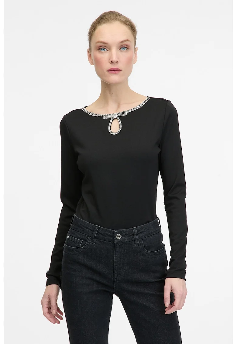 Bluza cu decolteu cu decoratii, Negru