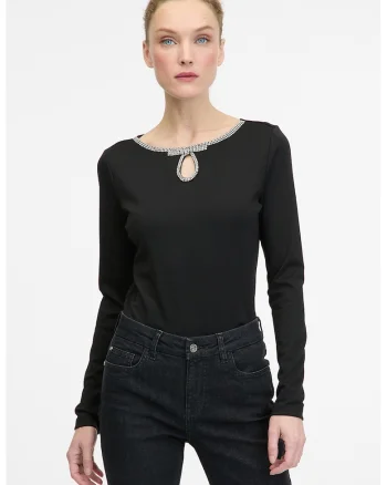 Bluza cu decolteu cu decoratii, Negru
