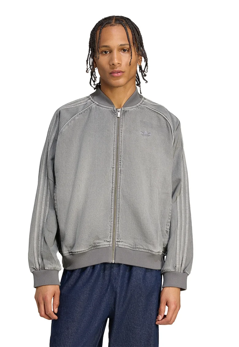 Bluza de trening din bumbac cu fermoar si maneci cazute, Gri