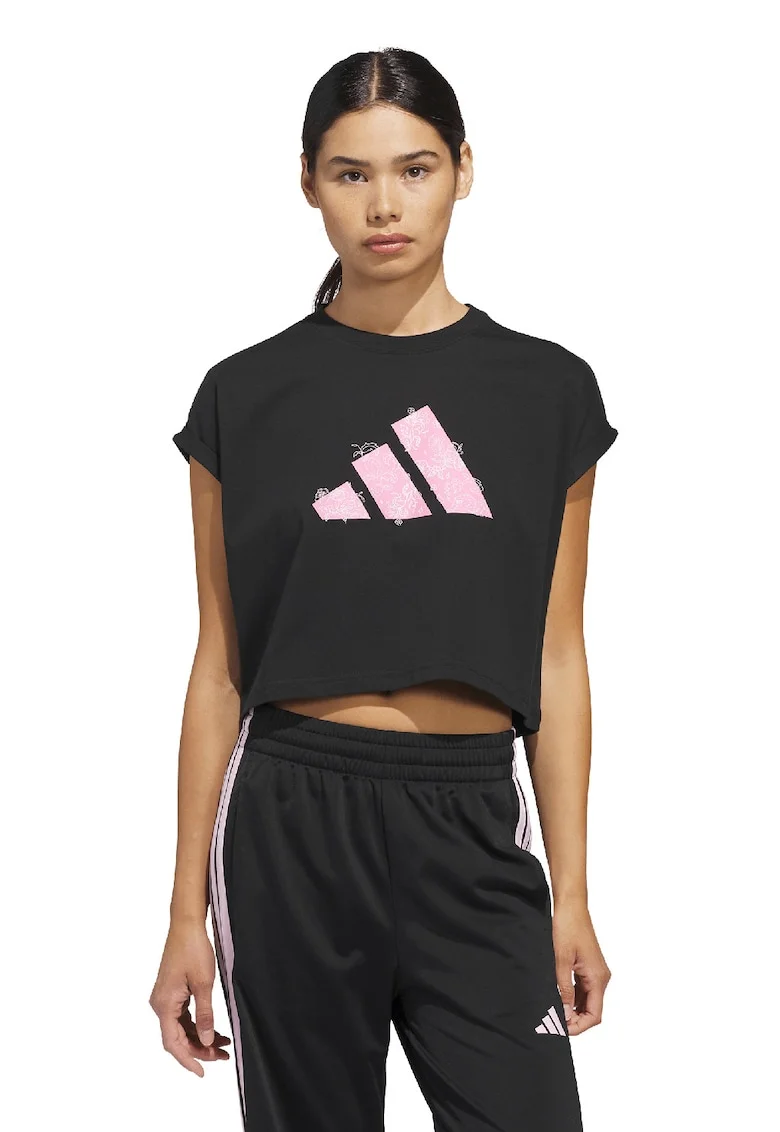 Tricou crop cu maneci pliabile Western, Negru/Roz