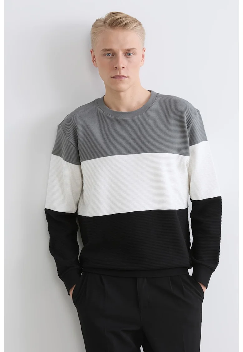 Bluza de trening cu model colorblock si decolteu la baza gatului, Alb/Negru/Gri